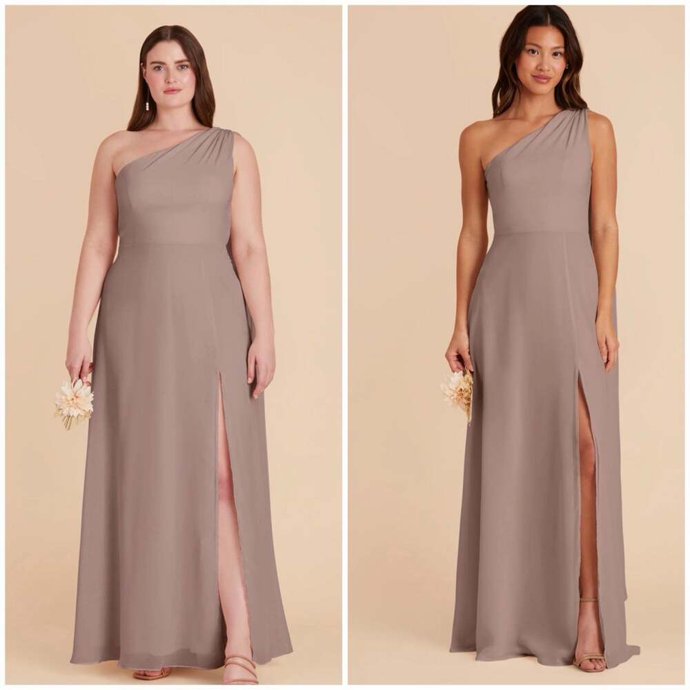 Birdy Grey Kira Bridesmaid Dress M Taupe One Shoulder Maxi Gown Slit NWT